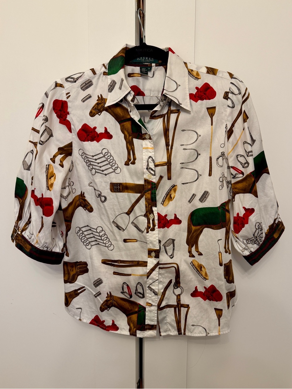 Vintage 1990s Ralph Lauren White Equestrian Print Blouse 100% Cotton